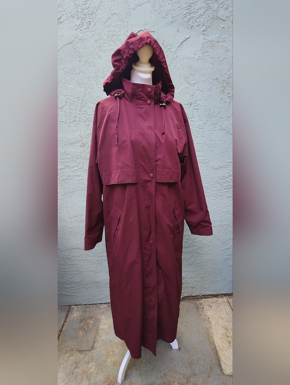 Vintage L.L. Bean Maroon Hooded Trench Rain Coat Long Duster Gorpcore Cabincore